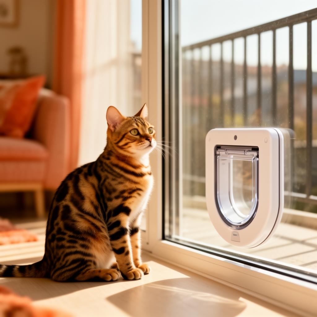 Katze sitzt vor einer Balkontür mit neu eingebauter Katzenklappe